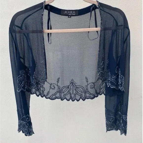 Beautiful JKARA New York Navy Blue Beaded Sheer Chiffon Bolero jacket - Picture 1 of 4